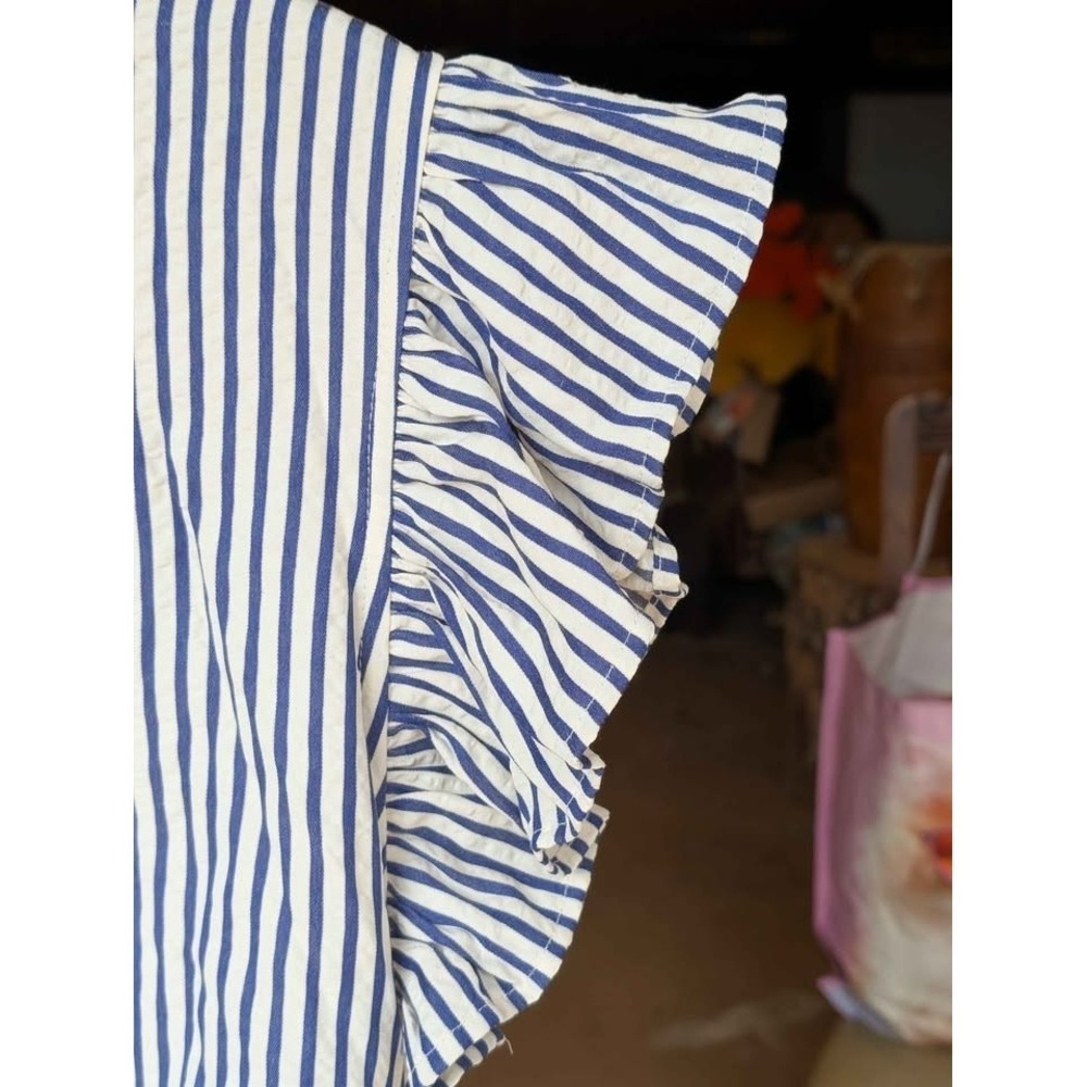 Entro Blue & White Striped Ruffle Sleeve Maxi Dress  Cutout Back, Tiered Skirt L - Picture 9 of 10